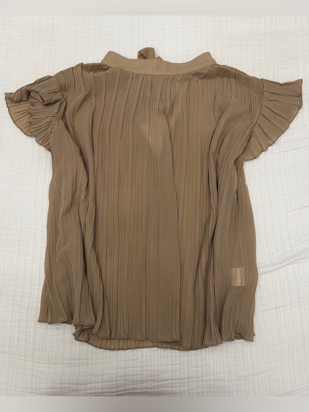 showpo tan plissé ruffle sleeve tie neck blouse